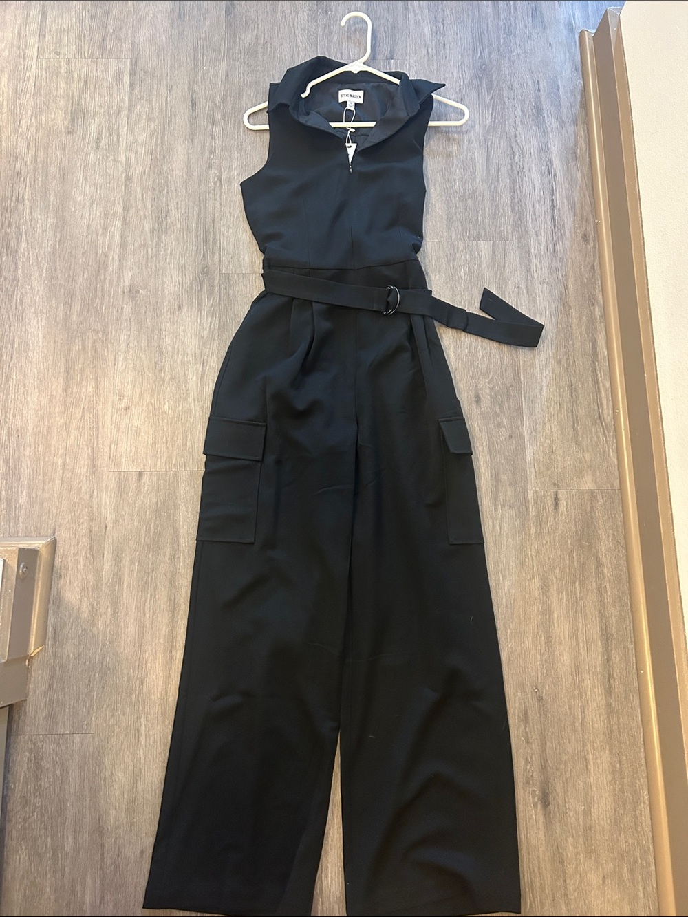 Steve Madden Black Sleeveless Cargo Jumpsuit with Belt